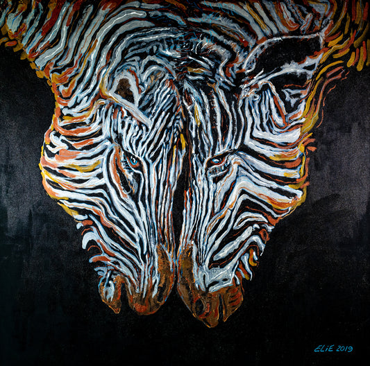 Twin Zebras (Textured Paper Art in a Glass Frame)